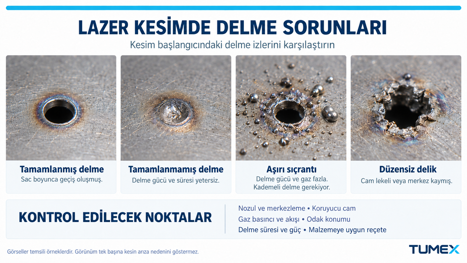 Tamamlanmış delme, tamamlanmamış delme, aşırı sıçrantı ve düzensiz delik için temsili örnekler ve Türkçe kontrol başlıkları